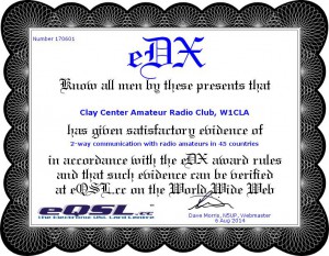 eQSL eDX Certificate for W1CLA signifying contacts with 45 countries